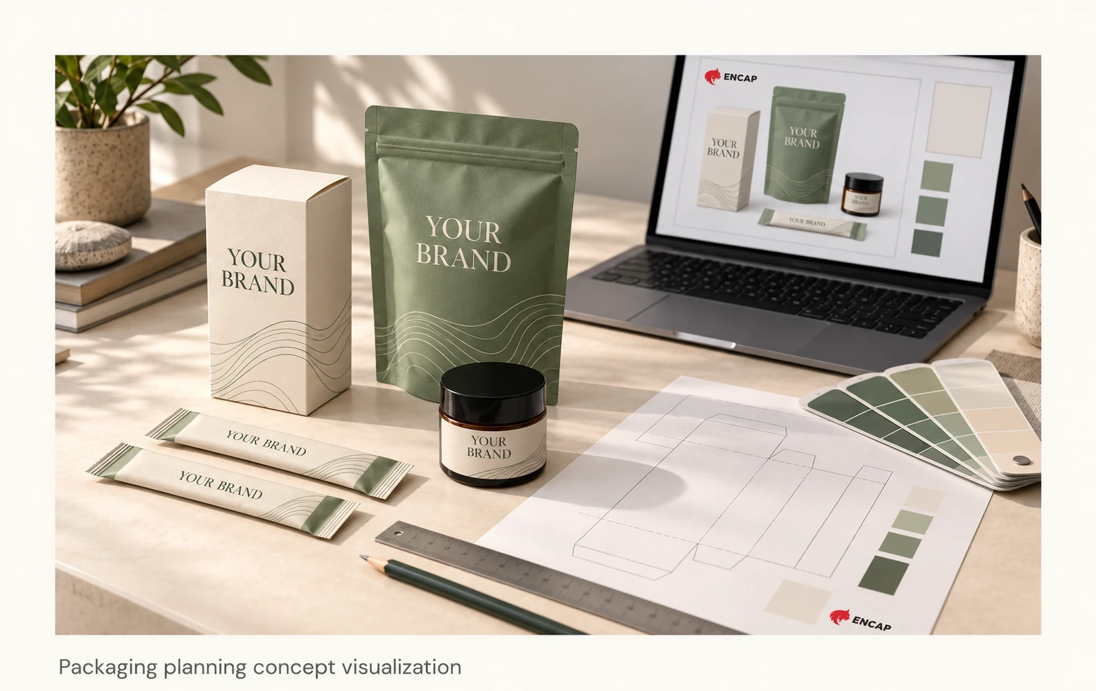 Your Brand packaging concepts with two small Encap marks, a design screen, dieline and color swatches