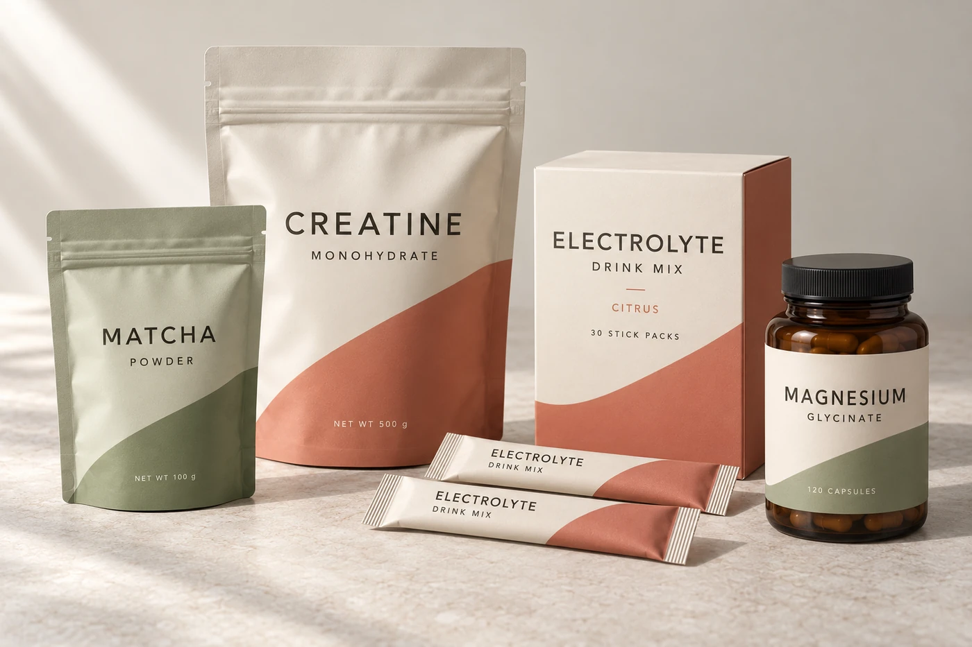 Packaging concepts: creatine and matcha pouches, electrolyte stick packs with a carton, and a magnesium capsule jar
