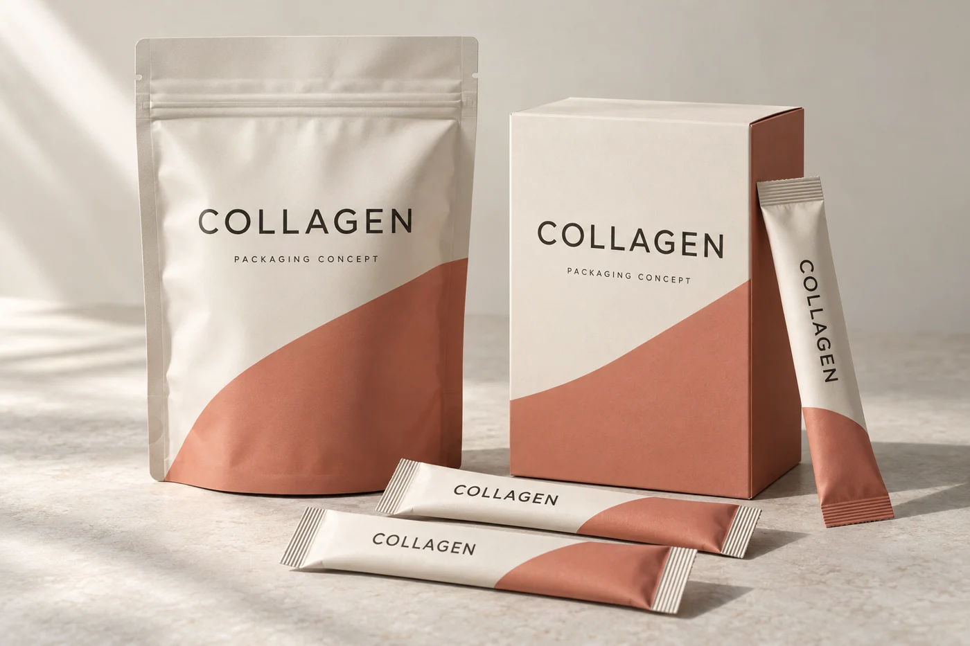 Packaging concept visualization: coordinated collagen pouch, carton and stick packs
